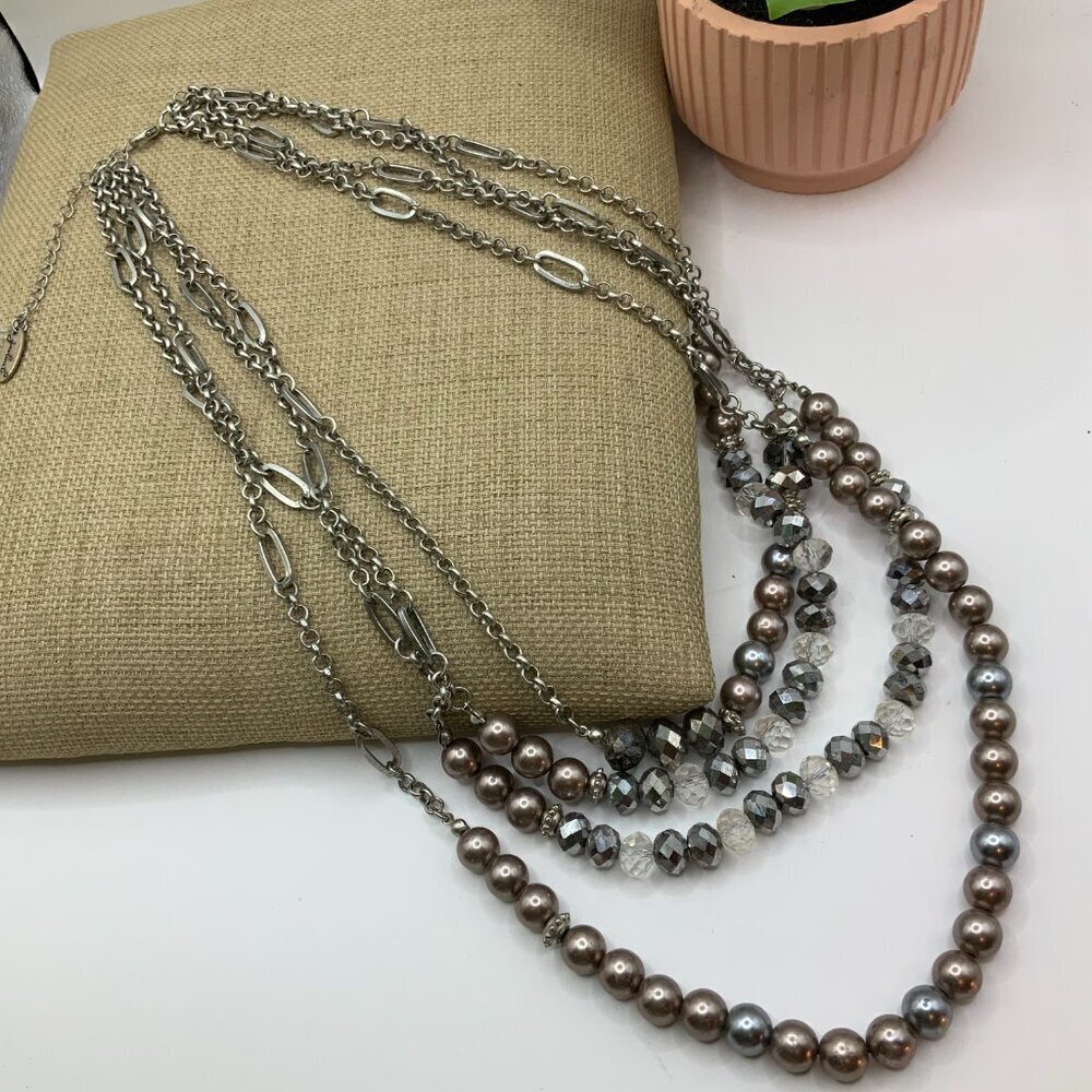 Julies B Multi Strands Gray AB Iridescent Beaded Silver Necklace - Picture 2 of 8